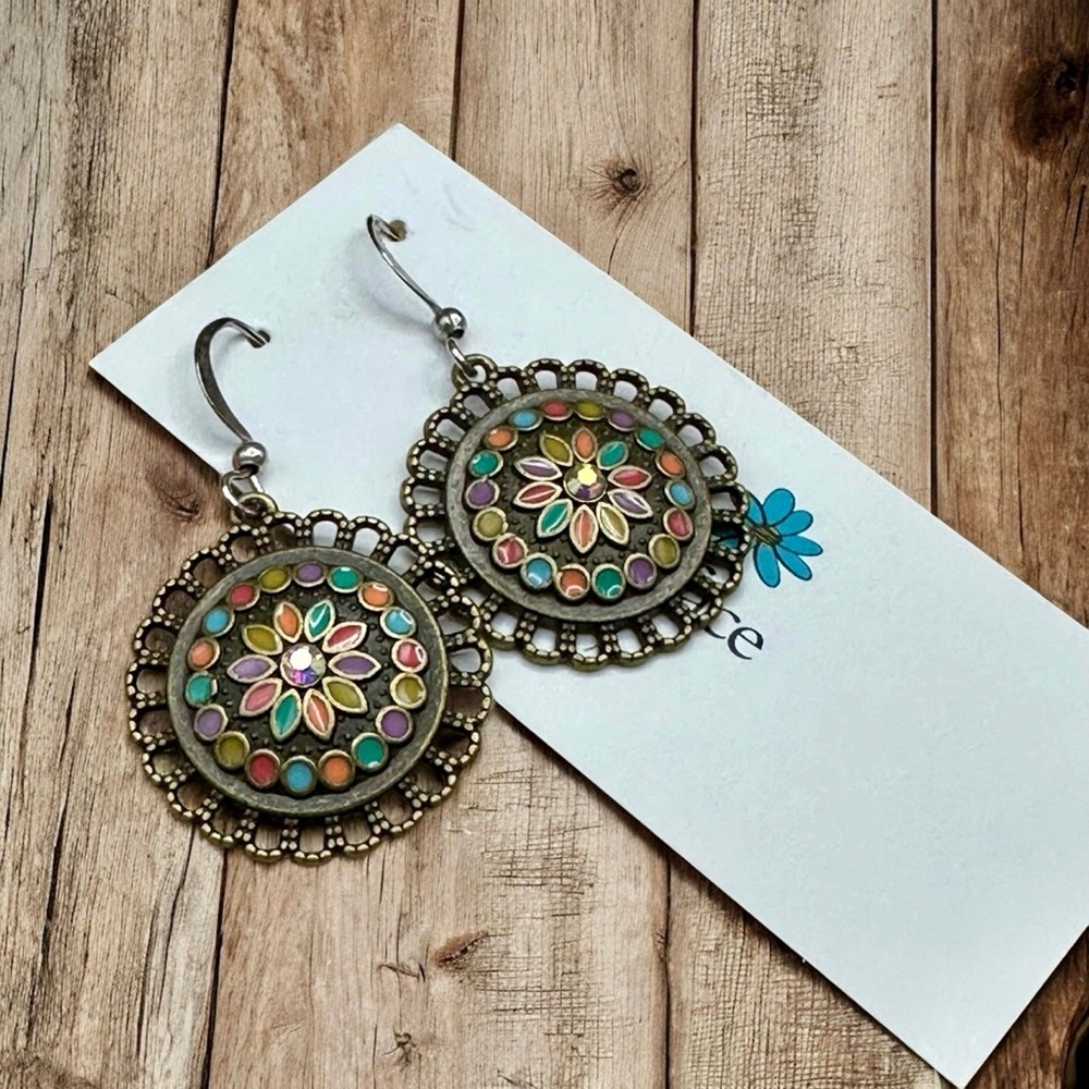 Enamel Bronze Boho Flower Earrings -Vintage-Inspired - Great for sensitive ears!